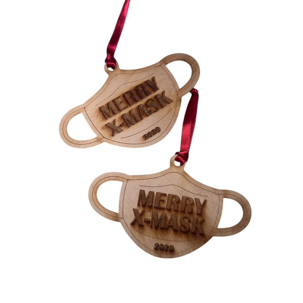 Festive Wooden Merry X-Mask Ornament with Red Ribbon - Picture 1 of 2